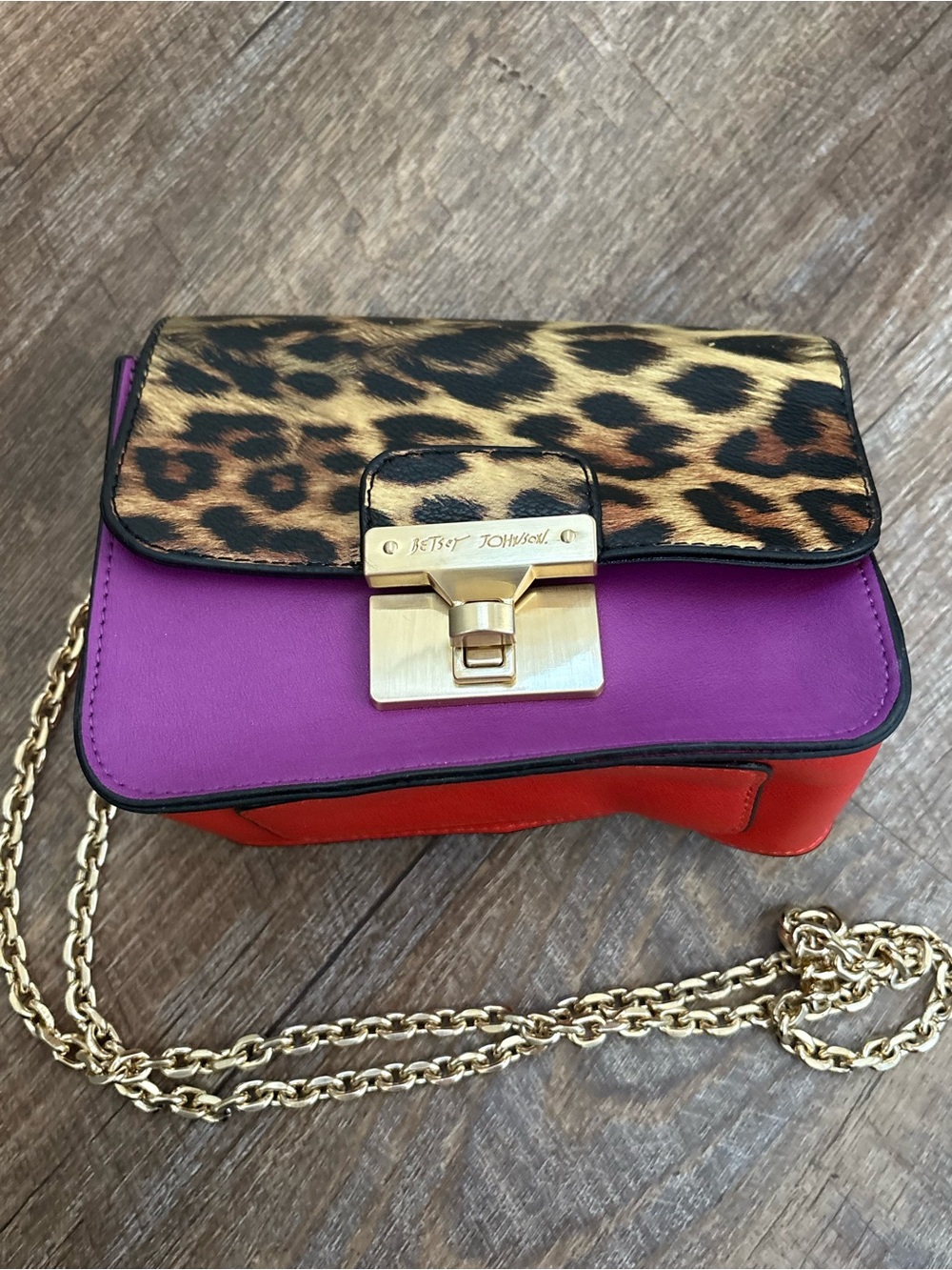 Betsey Johnson Purple, Red & Leopard-Print Crossbody with Gold Chain